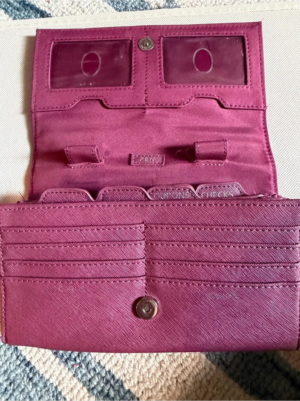 Liz Claiborne Plum Saffiano Flip Wallet with Silver Logo Plaque